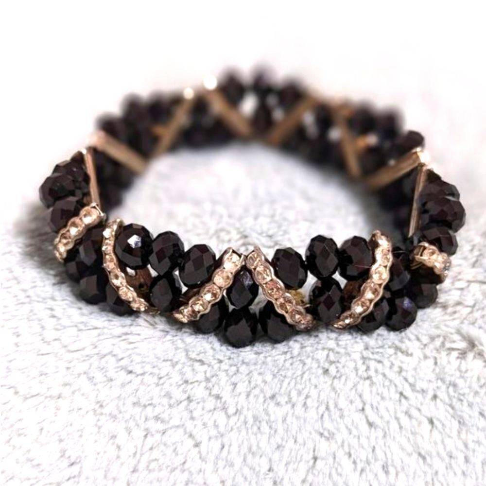 Vintage Black Crystal Bead Stretchy Bracelet with Rhinestone Accents - Picture 10 of 16